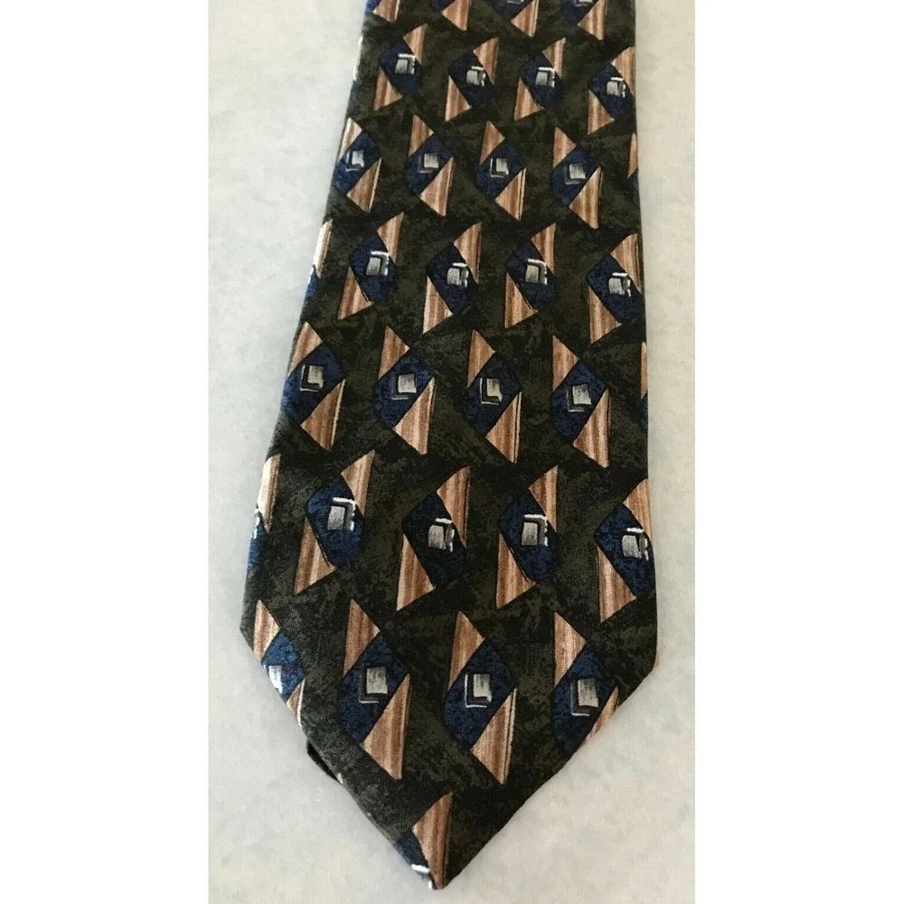 Men's Tie Necktie Town Craft Brown Green Black Colors‎ Triangle Square Pattern